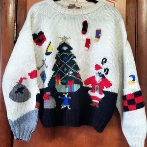 VTG 3D Fetagetti Christmas Tree Santa Stocking Knitted L Sweater
